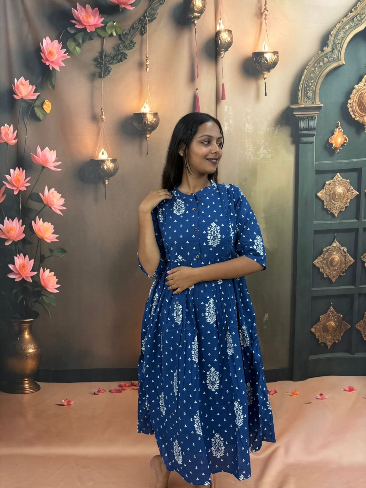 Royal Blue Block Print Cotton Dress for Women