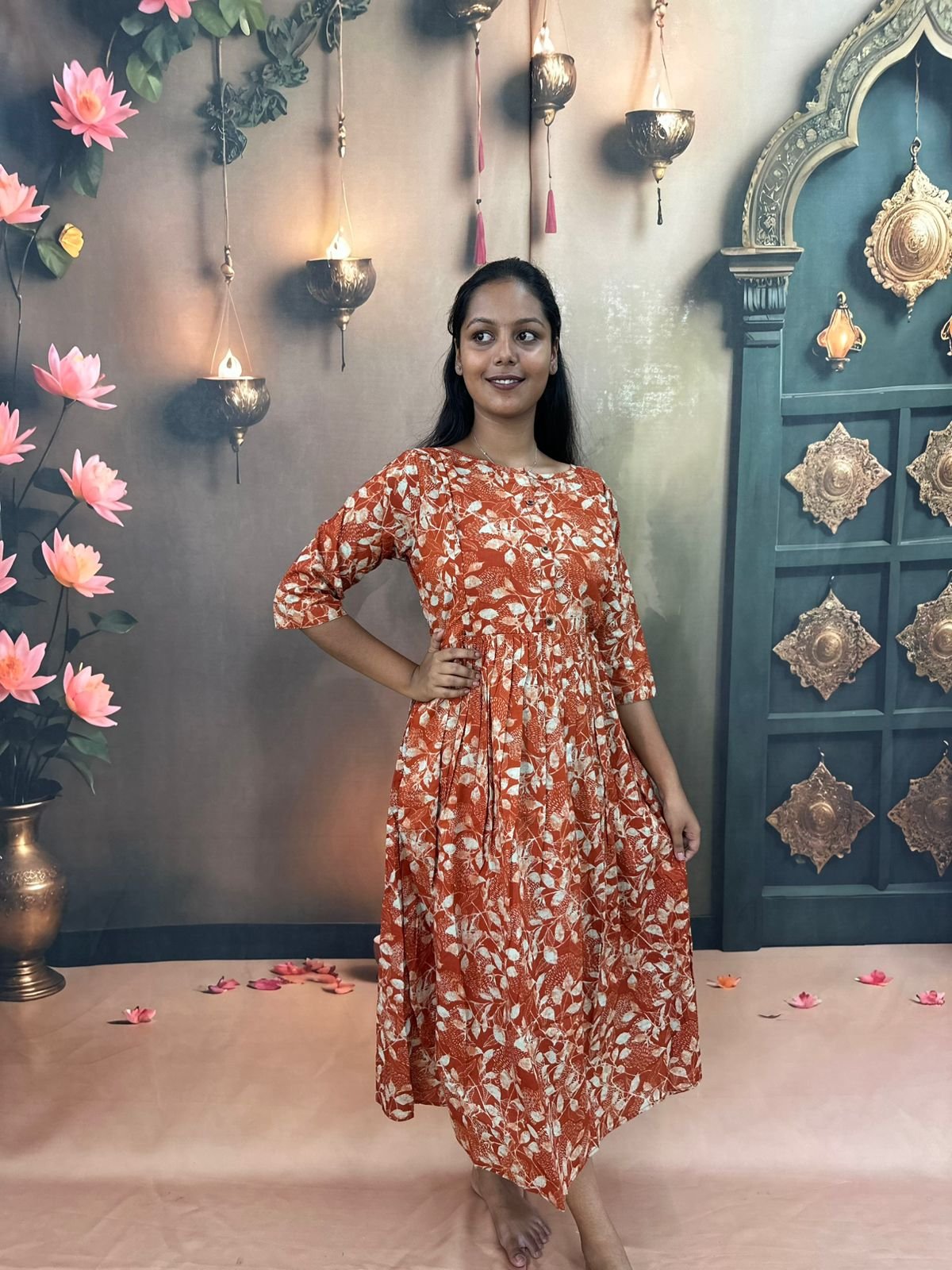 Feeding Kurti - Rust Orange Floral Print Midi Dress for Women