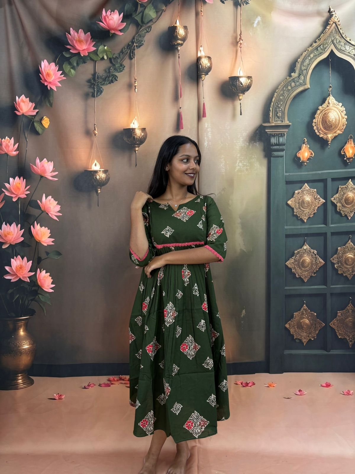 Feeding Kurti - Dark Green Printed Cotton Midi Dress for Women