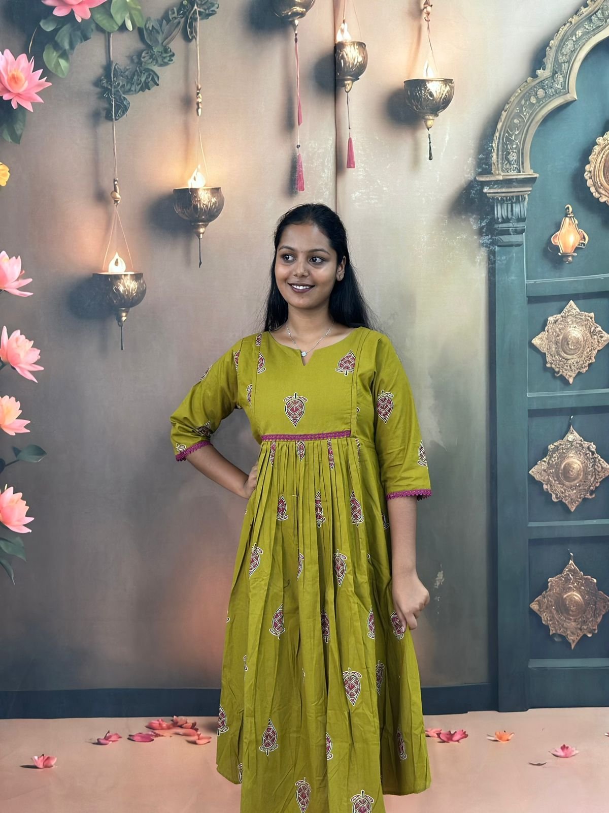Olive Green Printed Cotton Kurti for Women | Elegant Ethnic Wear