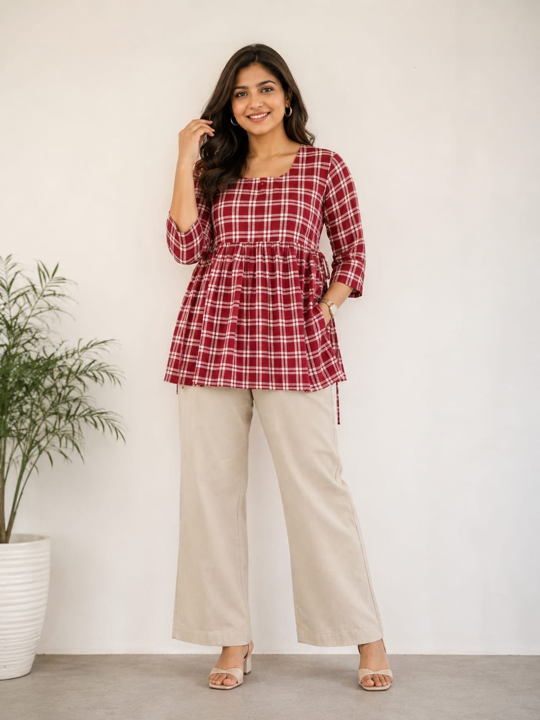 Feeding Peplum Top-Brown Checked