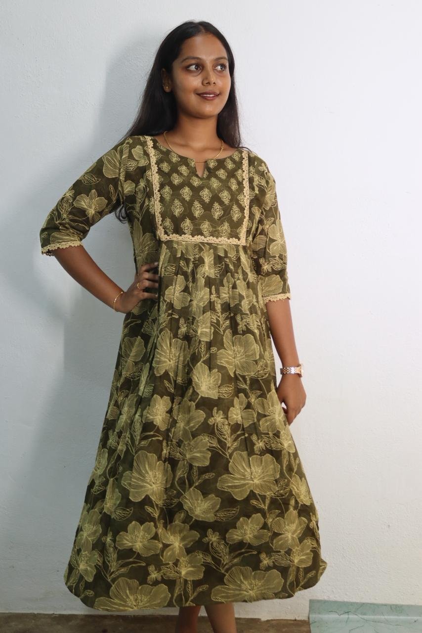 Olive Green Printed Cotton Feeding Kurti Gown Dress