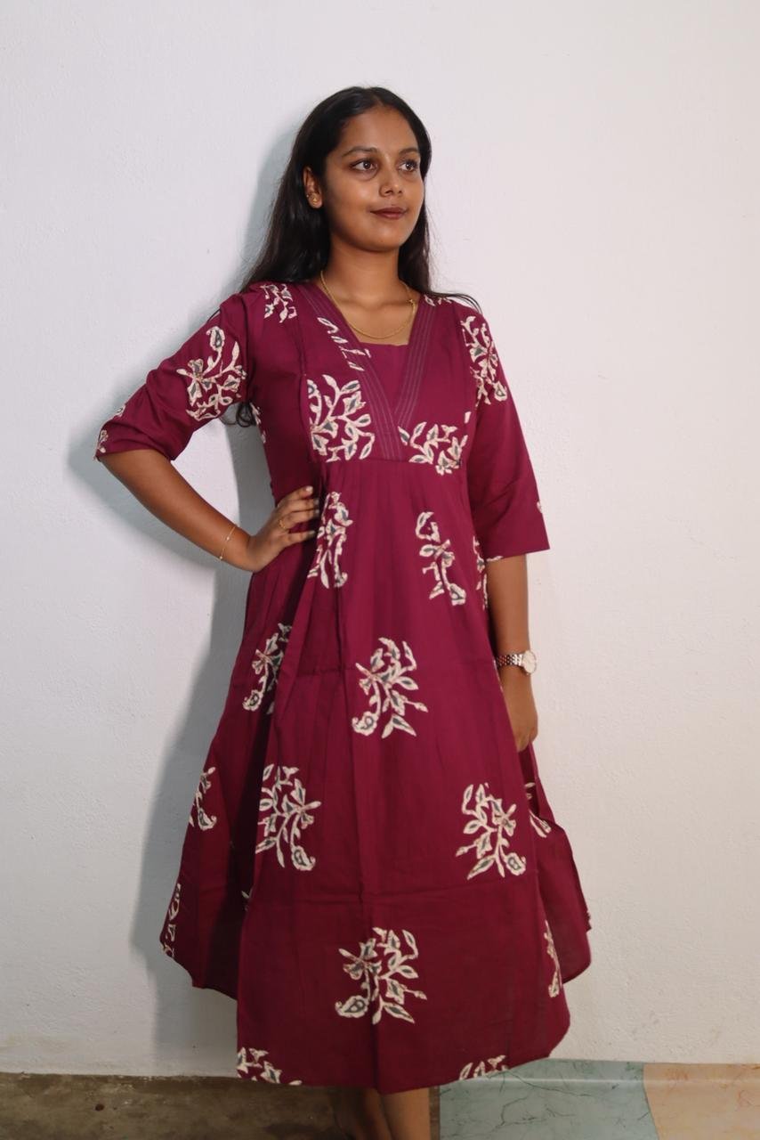Maroon Printed Cotton Feeding Kurti Dress