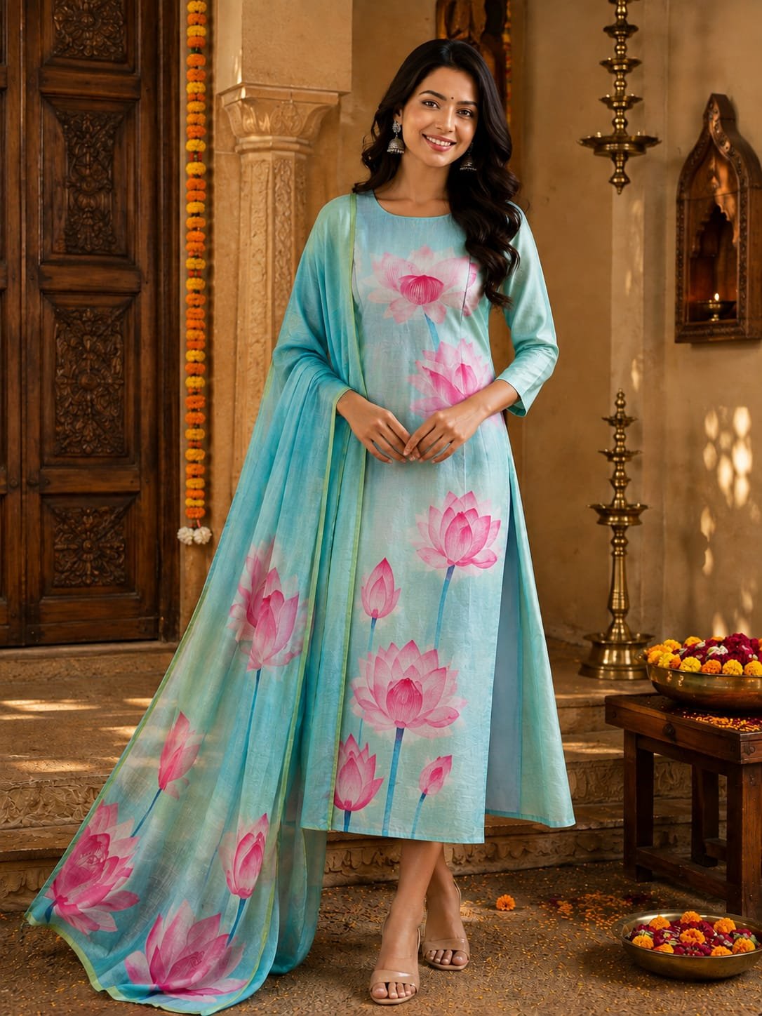 Tussar Silk - Sea Green Oversized Lotus Floral Print