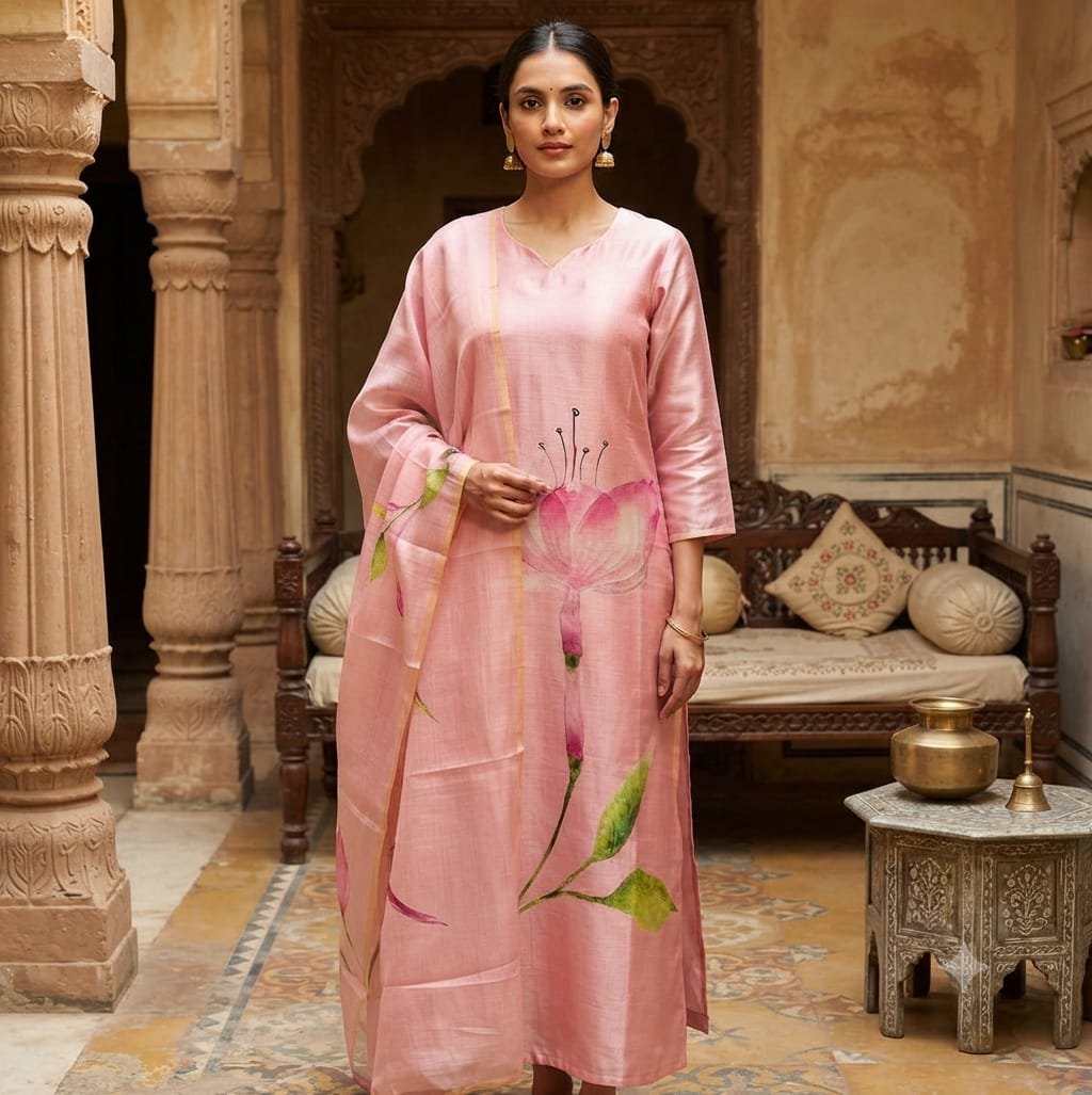 Tussar Silk - Blush Pink with Watercolour Lotus Floral Print