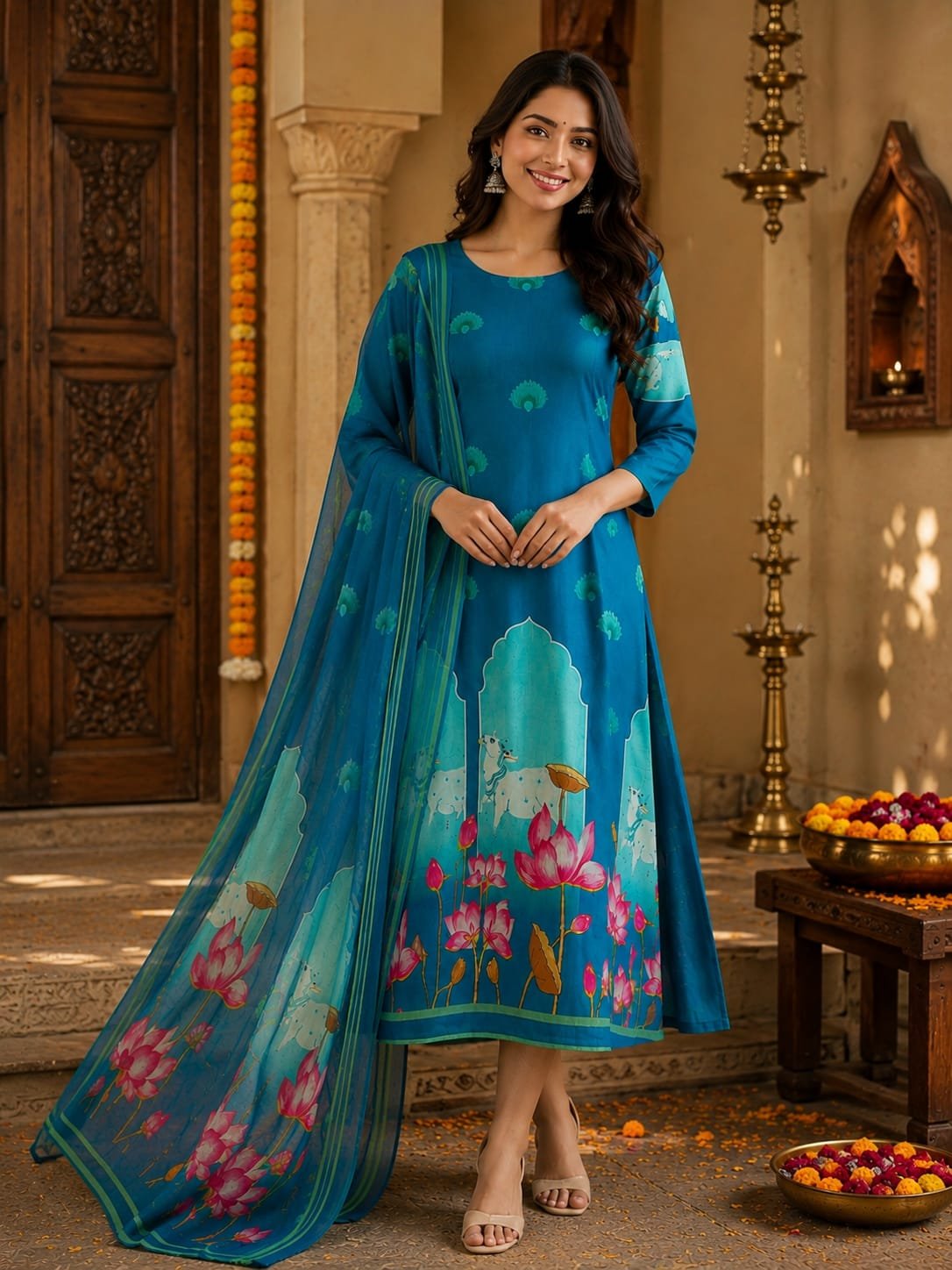 Tussar Silk-Lotus Pond Cow Digital Print