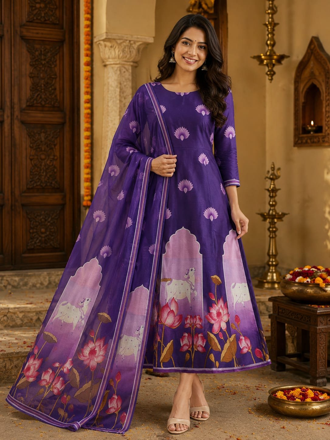 Tussar Silk - Royal Purple Cow Motif Digital Print