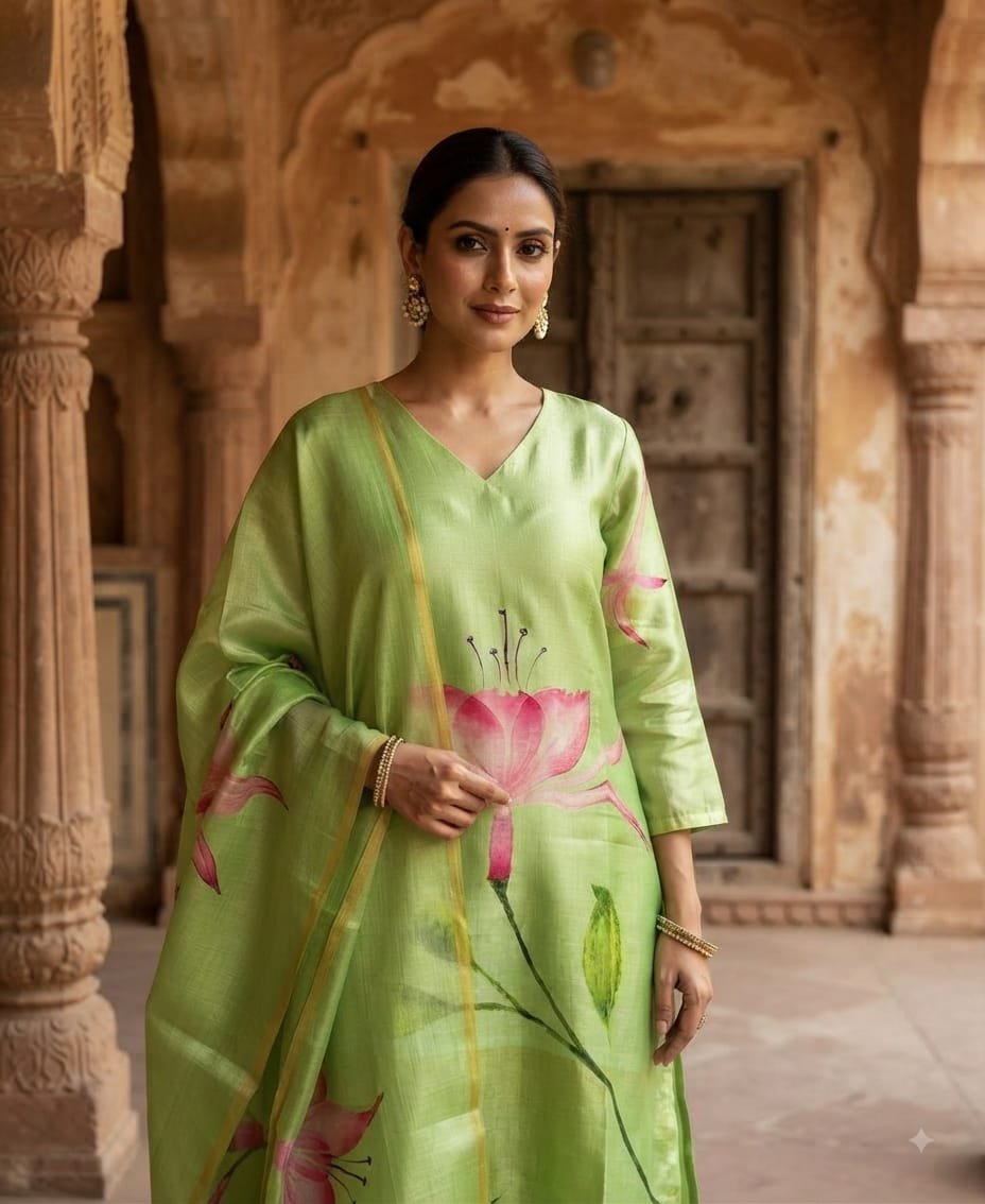 Tussar Silk - Green with Pink Floral hand-painted