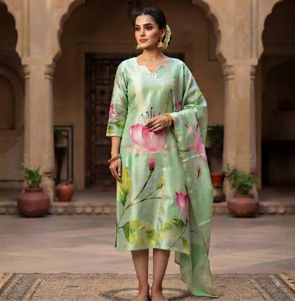 Tussar Silk - Light Mint Green with Green Stems and Leaves