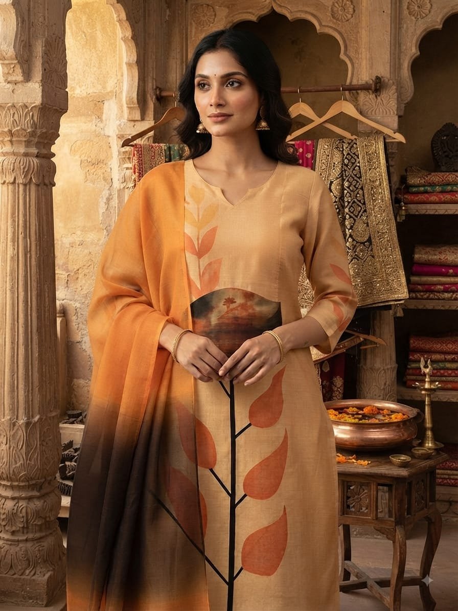 Tussar Silk - Mustard yellow with large central bloom with vine stem