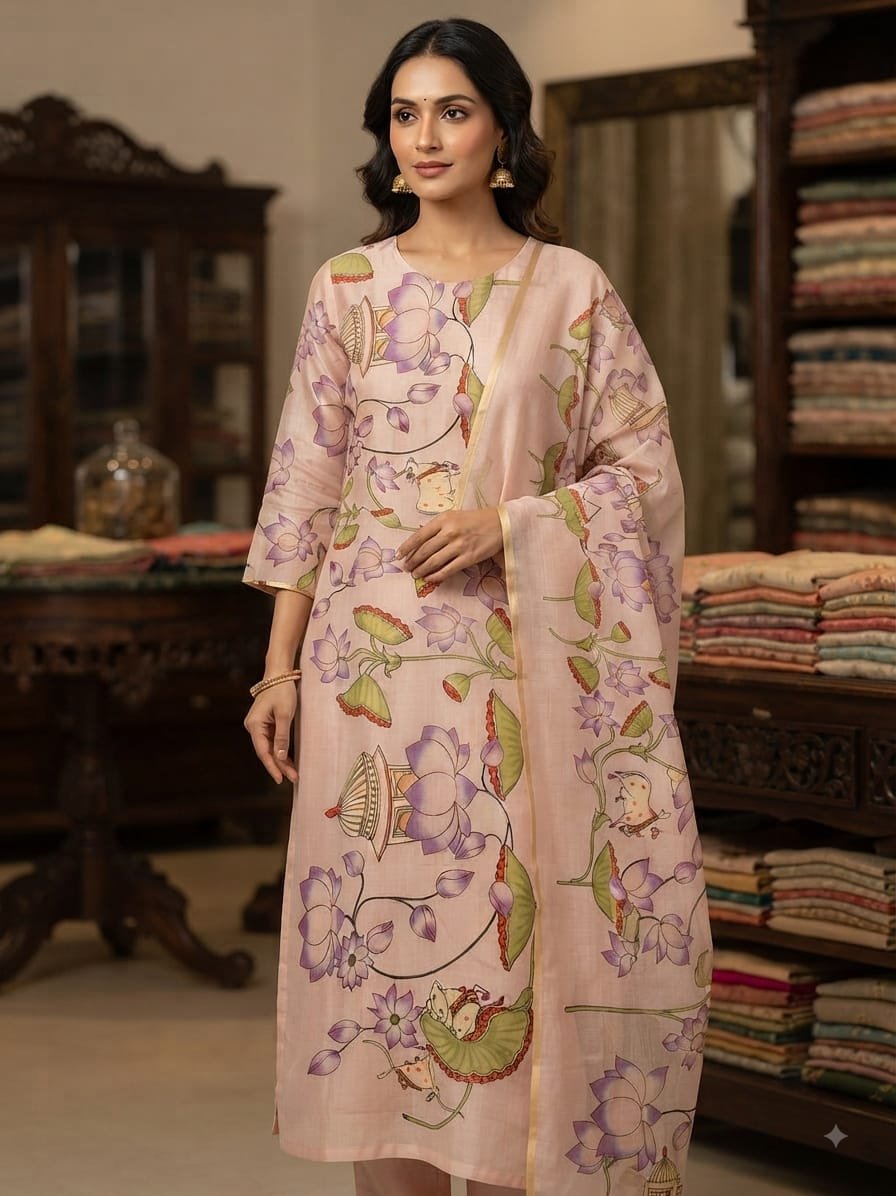 Tussar Silk - Light Pink Printed botanical motif