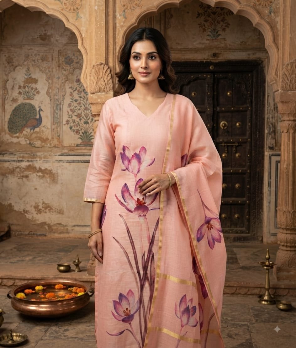 Tussar Silk - Peach hand painted purple and white flower motif