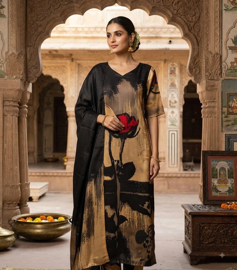 Tussar Silk - Black gold with a bold red accent