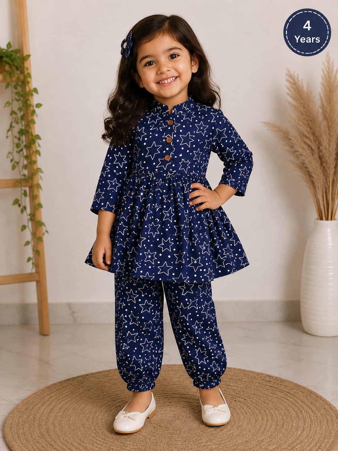 Girls Navy Blue Star Print Kurta & Pant Set